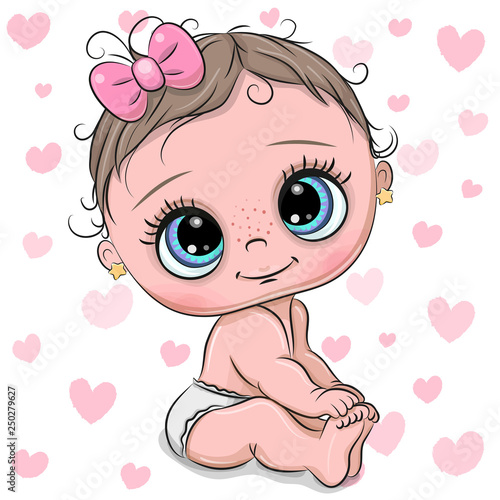 Cartoon baby girl on a hearts background