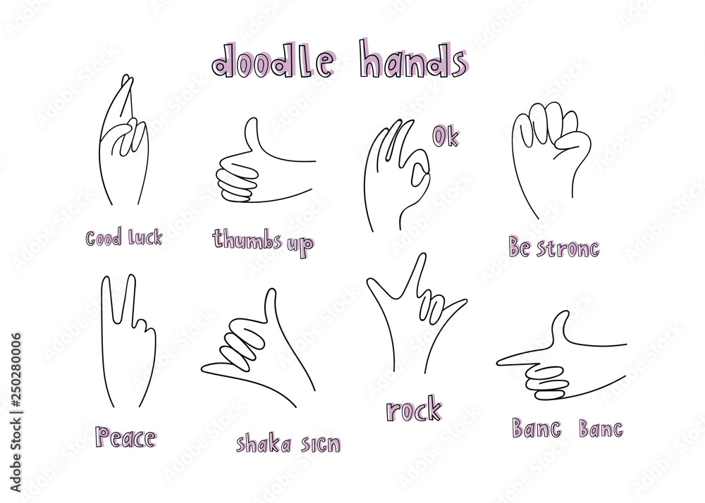 Popular hand gestures with descriptions. Doodle hand drawn set. Trendy