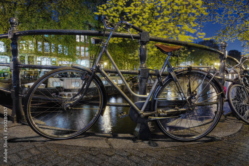 Bicycles Secured to Canal Railing Bicycles Secured to Canal Railing