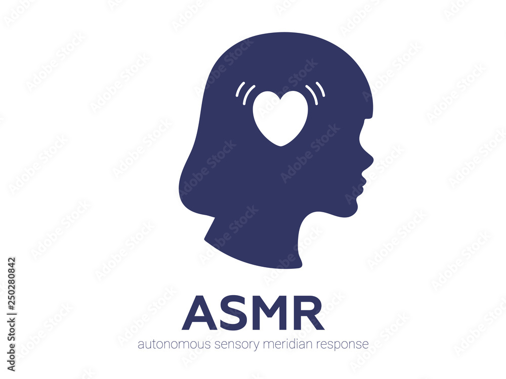 Autonomous sensory meridian response, ASMR logo or icon. Female head profile with heart shaped headphones, enjoying sounds, whisper or music. Vector illustration flat line style Autonomous sensory meridian response, ASMR logo or icon. Female head profile with heart shaped headphones, enjoying sounds, whisper or music. Vector illustration flat line style