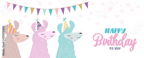 Llama birthday card. Cute birthday greeting card with alpaca. Editable vector illustration