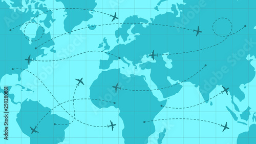 World map with airline routes, silhouette of world map with icons of airplanes, international flights, dotted line air path. Vector illustration
