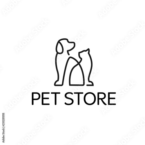 Dog and Cat logo design template. Graphic sitting puppy logotype, sign and symbol. Pet silhouette label illustration isolated on background. Modern animal badge for veterinary clinic - Vector
