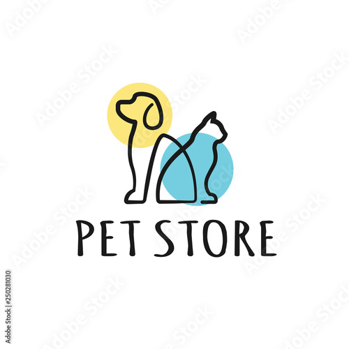 Dog and Cat logo design template. Graphic sitting puppy logotype, sign and symbol. Pet silhouette label illustration isolated on background. Modern animal badge for veterinary clinic - Vector