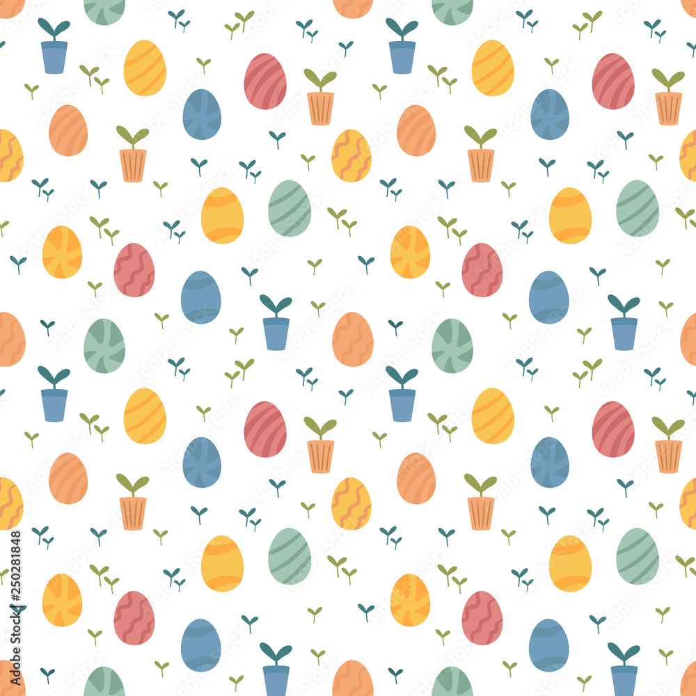 Easter spring pattern with eggs, potted plants and offsprings. Cute cartoon style, Scandinavian hygge mood. Bright flat shapes. Vector seamless background. Easter spring pattern with eggs, potted plants and offsprings. Cute cartoon style, Scandinavian hygge mood. Bright flat shapes. Vector seamless background.