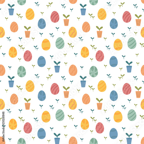 Fototapeta Naklejka Na Ścianę i Meble -  Easter spring pattern with eggs, potted plants and offsprings. Cute cartoon style, Scandinavian hygge mood. Bright flat shapes. Vector seamless background.