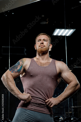 Strong man posing in gym photo