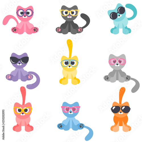 Collection of colorful cartoon cats with glasses