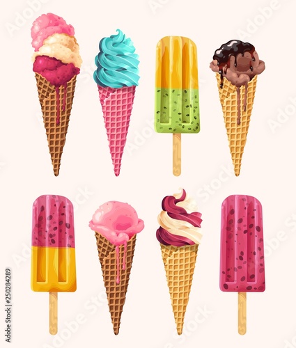 Vector set of ice creams with different flavours