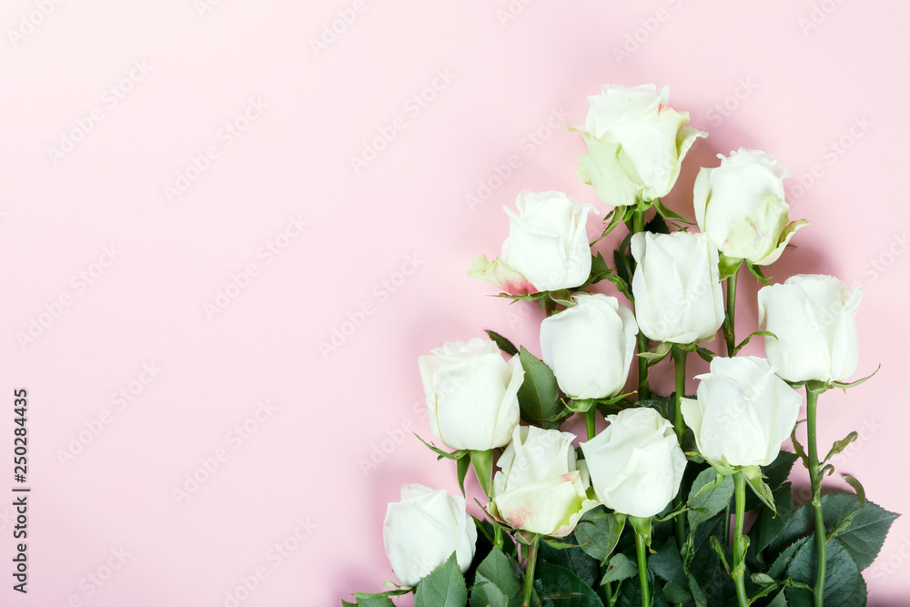 Flowers composition. White rose on pastel pink background.Holiday Party and Gift Concept.Flat lay, top view, copy space