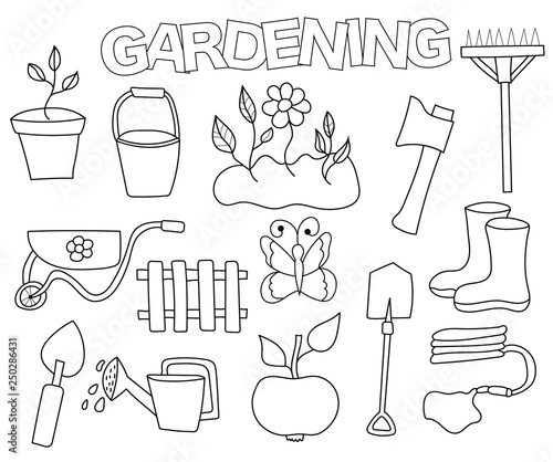 Gardening set of icons and objects. Hand drawn doodle plant growing design concept. Black and white outline coloring page game. Monochrome line art. Vector illustration.