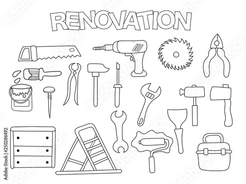 House repair set of icons and objects. Hand drawn doodle interior renovation design concept. Black and white outline coloring page game. Monochrome line art. Vector illustration.
