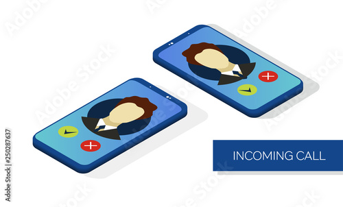 Incoming call in smart phone device. Accept or decline button. Isometric 3d flat illustration on a white background
