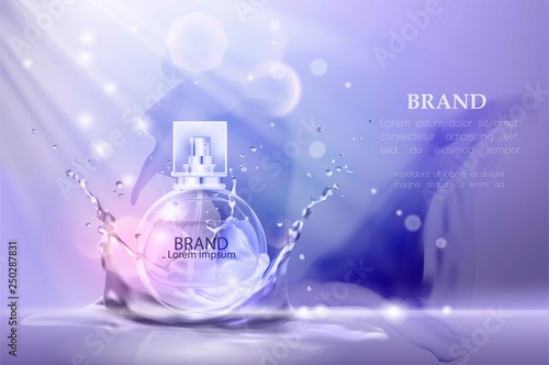 Vector illustration of a realistic style perfume in a glass bottle. Great advertising poster for promoting a new fragrance.