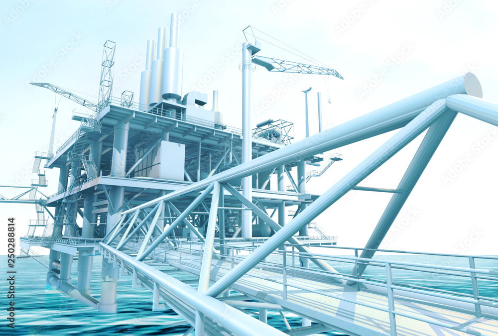 Fototapeta premium Oil rig building in the ocean, 3D rendering picture.