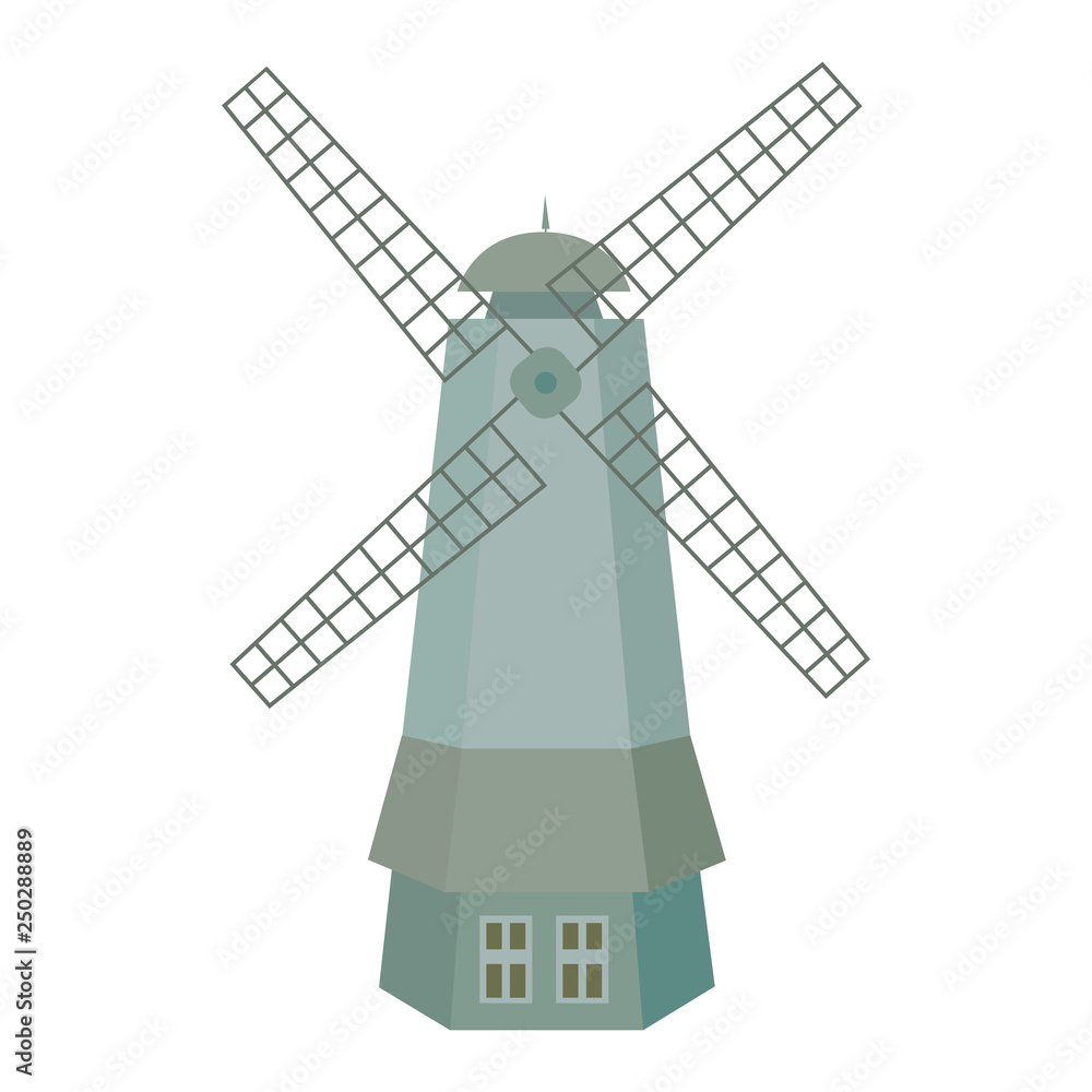 Color illustration of a windmill. Isolated on white background. Vector monochrome for design. Color illustration of a windmill. Isolated on white background. Vector monochrome for design.