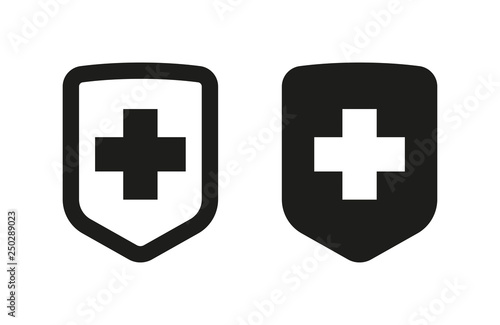Set of immune system icons. Medical cross in the shield. Vector