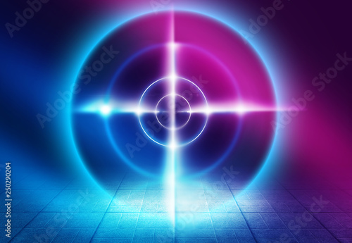 Futuristic abstract background. Empty room background  concrete. Neon blue pink light smoke. Laser lines  laser target in the center of the room.