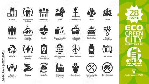 Eco green city glyph icon set with ecology town infrastructure, nature environment building, renewable energy, recycle technology, urban tree save, solar and wind power, modern home and future house.