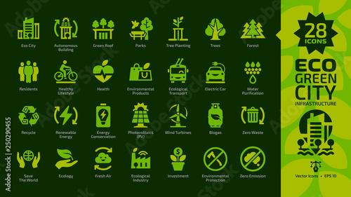 Eco green city color glyph icon set on a dark background with ecology town infrastructure, nature environment building, renewable energy, recycle technology, solar and wind power and future house sign