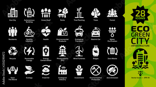 Eco green city white glyph icon set on a black background with ecology town infrastructure, nature environment building, recycle, renewable energy, PV, biogas, wind turbine and more ecological symbols