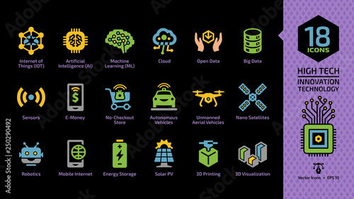 Vector innovation technology color glyph icon set on a black background with high tech smart digital wireless system for future business: internet of things, artificial intelligence, machine learning