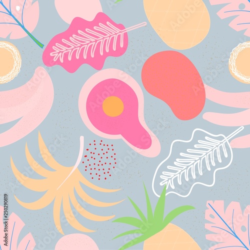 Collage contemporary floral seamless pattern. Modern exotic jungle fruits and plants. Creative design leaves pattern  hand drawn watercolor vector illustration. Monstera print
