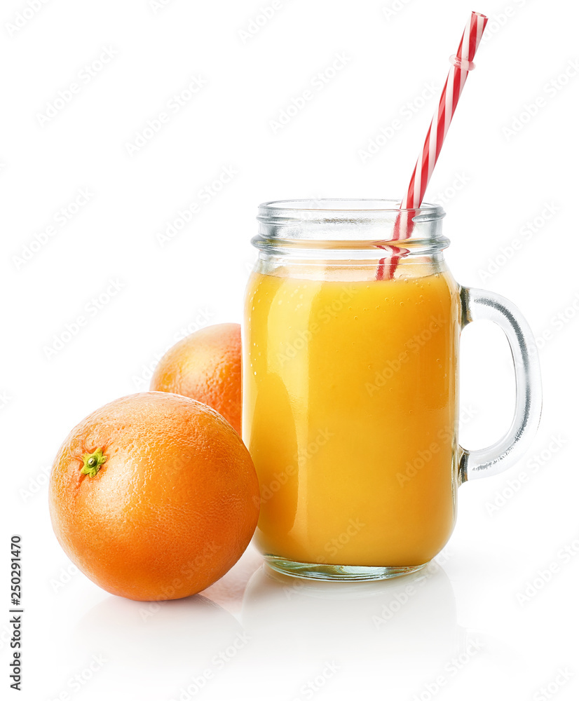 Freshly squeezed orange juice in glass mason jar with straw. Fresh orange fruits. Natural organic drink for healthy eating and healthy lifestyle. Isolated on white bckground. Clipping path included. Freshly squeezed orange juice in glass mason jar with straw. Fresh orange fruits. Natural organic drink for healthy eating and healthy lifestyle. Isolated on white bckground. Clipping path included.