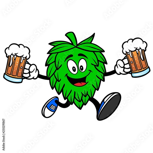 Hop Mascot running with Beers - A vector cartoon illustration of a Oktoberfest Hop mascot running with a couple of mugs of Beer.