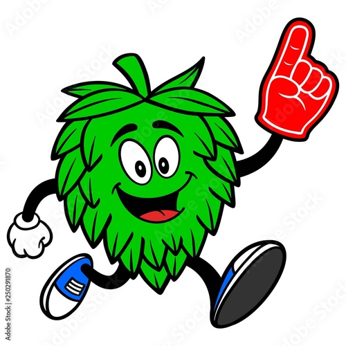 Hop Mascot running with a Foam Finger - A vector cartoon illustration of a Oktoberfest Hop mascot running with a Foam Hand.