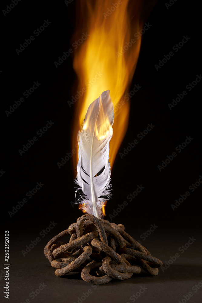 Flaming feather trapped in a chain. Concept of censorship and freedom