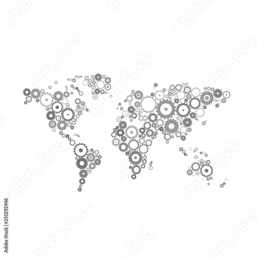 Grey toned machine world map made of gears vector illustration