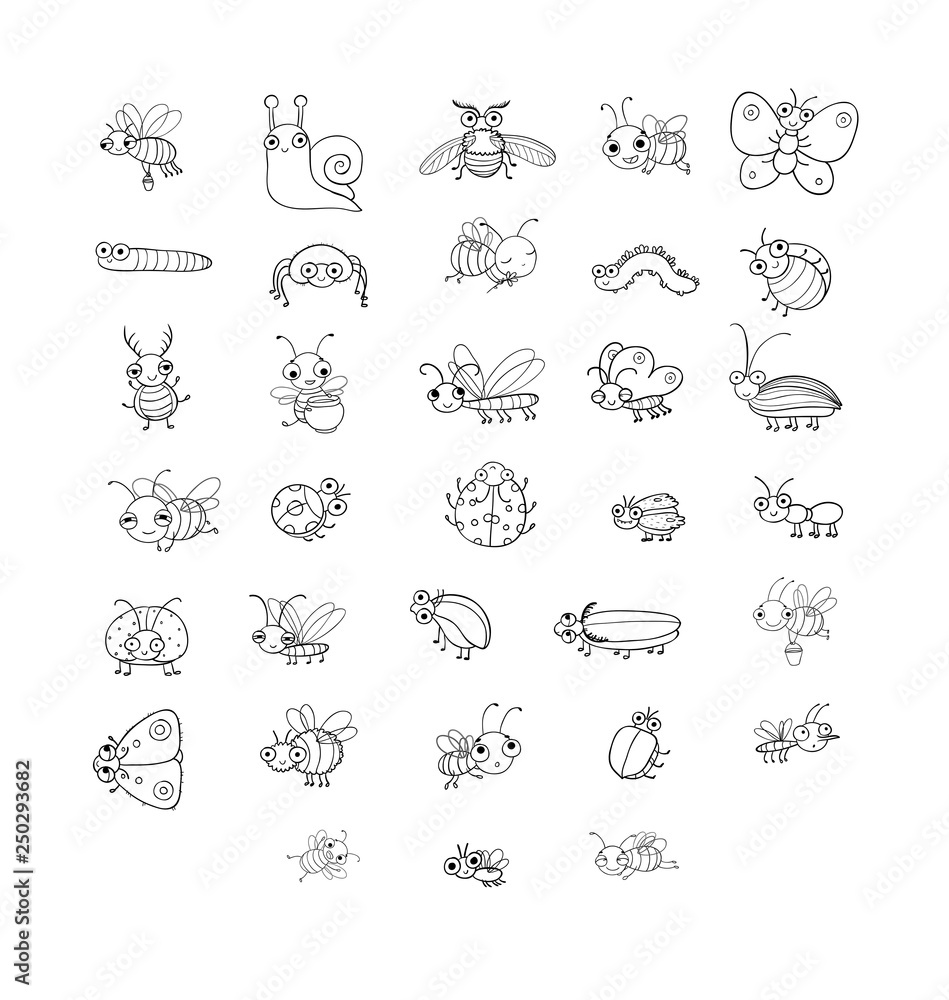 Obraz premium Cute cartoon insects. Funny butterflies, beetles, flies, mosquitoes and snail. Vector