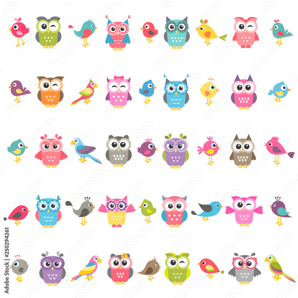 Fototapeta premium set of birds and owls isolated on white