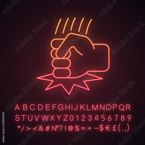 Fist on table neon light icon