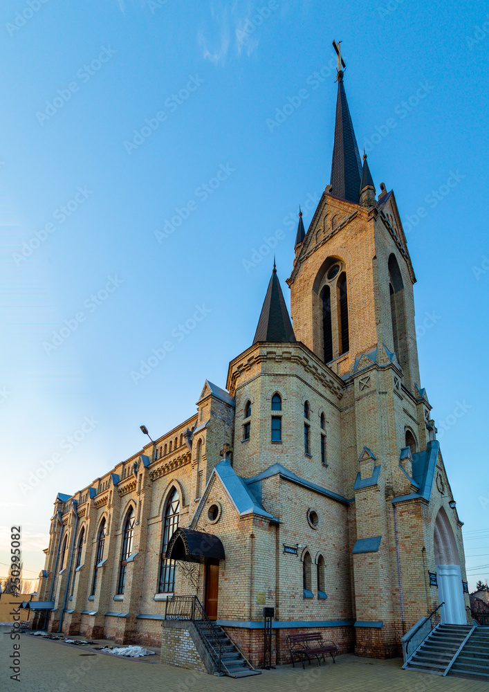 02-08-2019 Ukraine, Lutsk: Lutheran Church in front of the sunny sky.