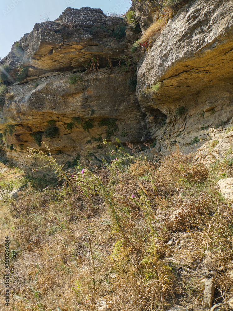 Bottom view on the steep cliff of Tarki-tau mountain. Grass on the eastern slope turned yellow from the heat