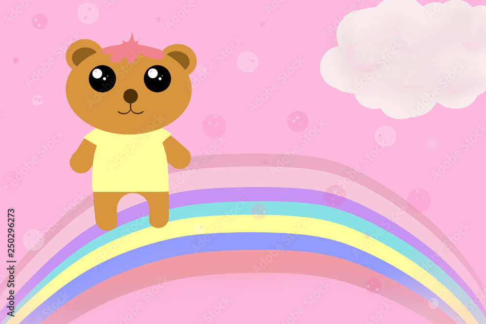 Kawaii cute fancy hipster teddy bear in yellow t-shirt and pink bangs and hair on cute colorfull rainbow, clouds. Kawaii cute fancy hipster teddy bear in yellow t-shirt and pink bangs and hair on cute colorfull rainbow, clouds.