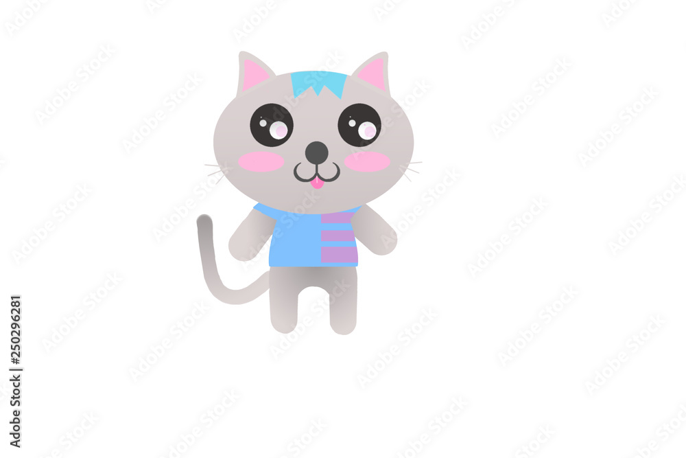 Kawaii cute fancy hipster cat in t-short and  blue bangs hair on cute isolated