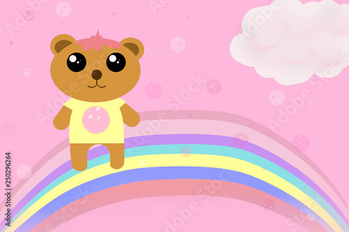 Kawaii cute fancy hipster teddy bear in yellow t-shirt with bubbles print and pink bangs and hair on cute colorfull rainbow, clouds. 
