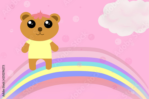 Kawaii cute fancy hipster teddy bear in yellow t-shirt and pink bangs and hair on cute colorfull rainbow, clouds. 