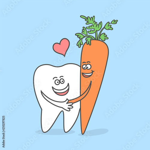 Cartoon tooth with a carrot. Dental care concept or icon. Good habits for your teeth. Funny vector illustration.