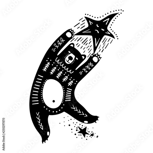 Vector childish hand-drawn illustration. A polar bear flies in space holding onto a star. Black and white