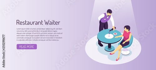 Restaurant Waiter Isometric Horizontal Banner
