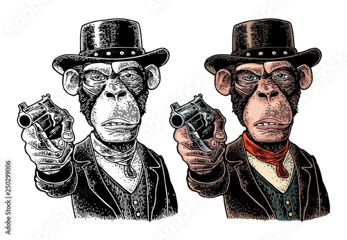 Monkey gentleman holding revolver and dressed hat, suit, waistcoat. Engraving