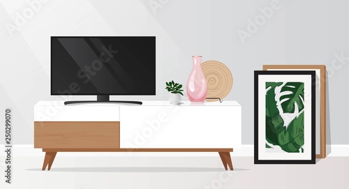 Tv cabinet in modern living room. Vector illustration
