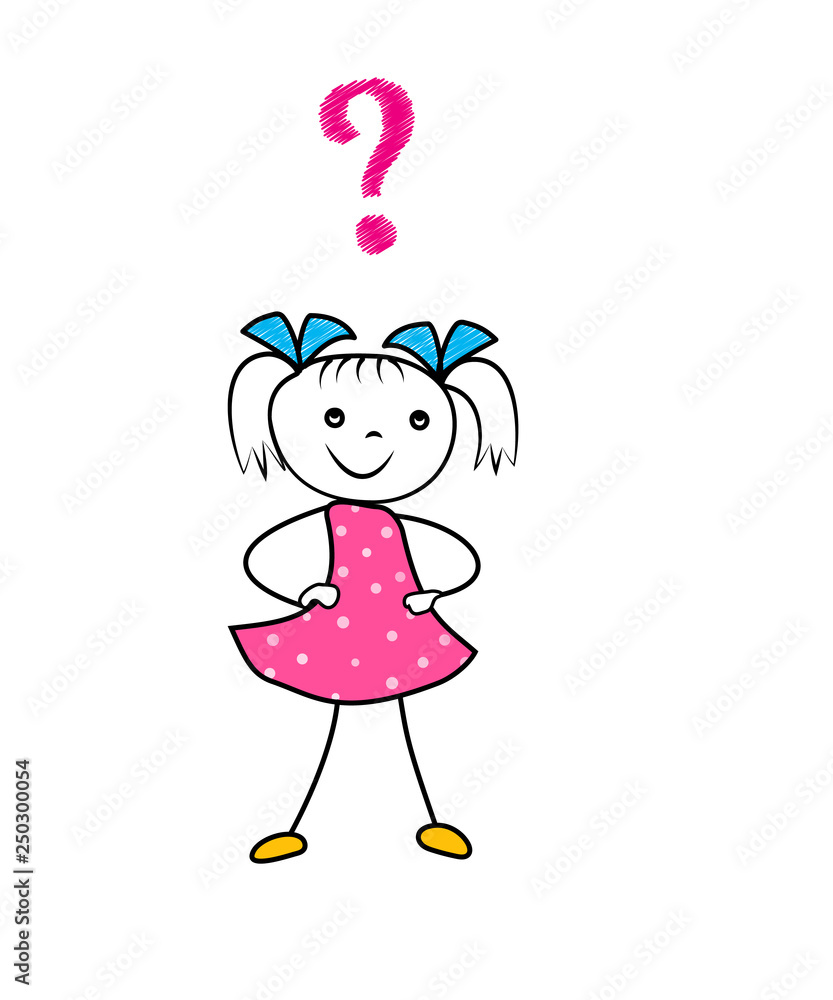 Hand drawn cartoon girl thinking with question mark. Asking decision doodle character isolated on white background. Vector illustration Hand drawn cartoon girl thinking with question mark. Asking decision doodle character isolated on white background. Vector illustration