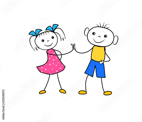 Cartoon boy and girl holding hands and glad to be a friends. Successful business contract negotiation. Vector illustration