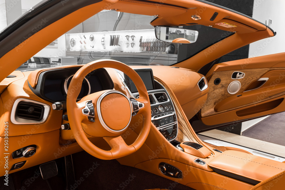 Fototapeta premium View of the interior of a modern automobile showing the dashboard.