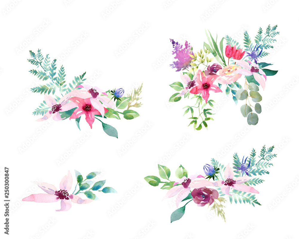 Fototapeta Collection spring Wedding romanric watercolor bouquet. Hand drawing watercolor blue pink and purple flowers ornament